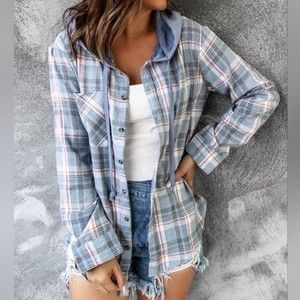 Button Up Long Sleeve Plaid Hooded Jacket